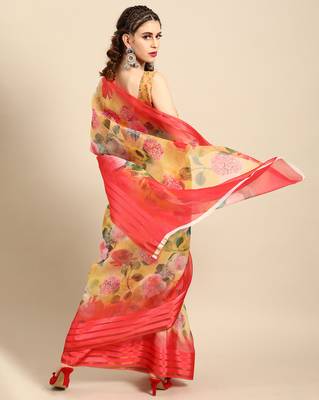 Sareemall Mustard Casual Organza Printed Saree With Unstitched Blouse 2
