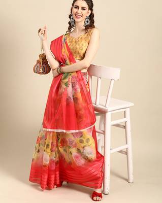 Sareemall Mustard Casual Organza Printed Saree With Unstitched Blouse 3
