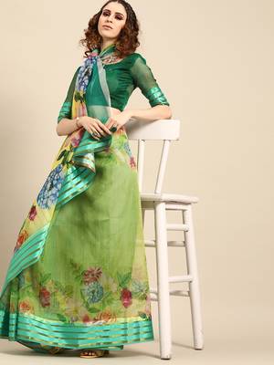 Sareemall Green  Casual Organza Printed Saree With Unstitched Blouse 1