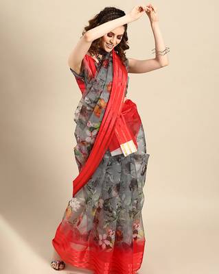 Sareemall Grey Casual Organza Printed Saree With Unstitched Blouse 1