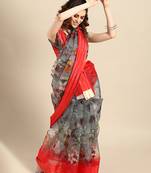 Sareemall Grey Casual Organza Printed Saree With Unstitched Blouse