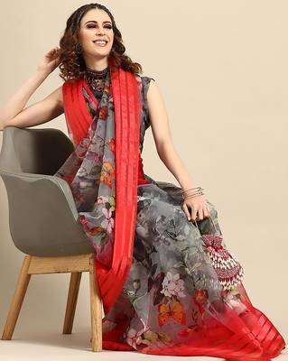 Sareemall Grey Casual Organza Printed Saree With Unstitched Blouse 3