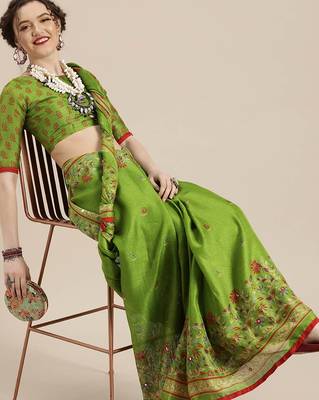 Sareemall Parrot Green Casual Jute Silk Printed Saree With Unstitched Blouse 1