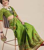 Sareemall Parrot Green Casual Jute Silk Printed Saree With Unstitched Blouse