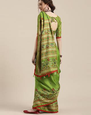 Sareemall Parrot Green Casual Jute Silk Printed Saree With Unstitched Blouse 2