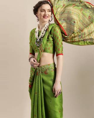 Sareemall Parrot Green Casual Jute Silk Printed Saree With Unstitched Blouse 3