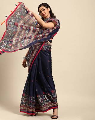 Sareemall Navy Blue Casual Jute Silk Printed Saree With Unstitched Blouse 1
