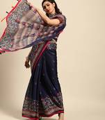 Sareemall Navy Blue Casual Jute Silk Printed Saree With Unstitched Blouse