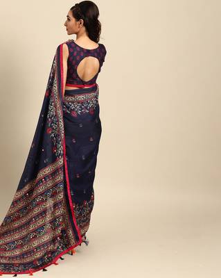 Sareemall Navy Blue Casual Jute Silk Printed Saree With Unstitched Blouse 2
