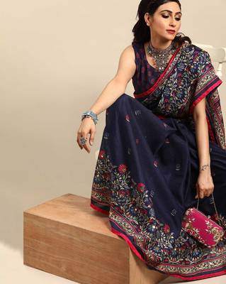 Sareemall Navy Blue Casual Jute Silk Printed Saree With Unstitched Blouse 3