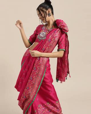 Sareemall Pink Casual Jute Silk Printed Saree With Unstitched Blouse 1