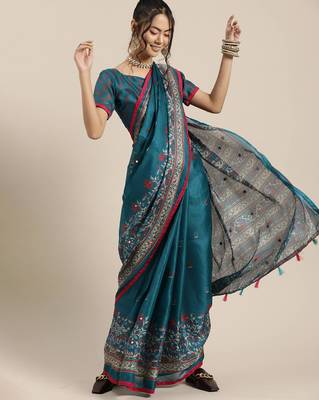 Sareemall Teal Blue Casual Jute Silk Printed Saree With Unstitched Blouse 1