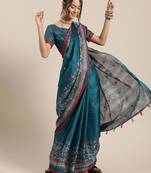 Sareemall Teal Blue Casual Jute Silk Printed Saree With Unstitched Blouse