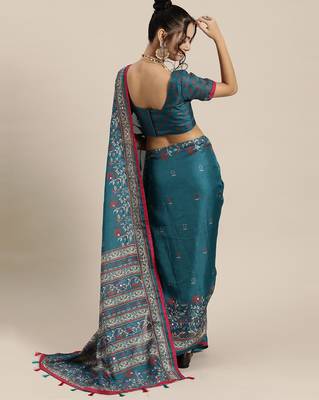 Sareemall Teal Blue Casual Jute Silk Printed Saree With Unstitched Blouse 2