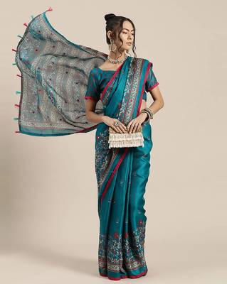 Sareemall Teal Blue Casual Jute Silk Printed Saree With Unstitched Blouse 3