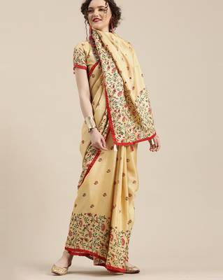 Sareemall Cream Casual Jute Silk Printed Saree With Unstitched Blouse 1
