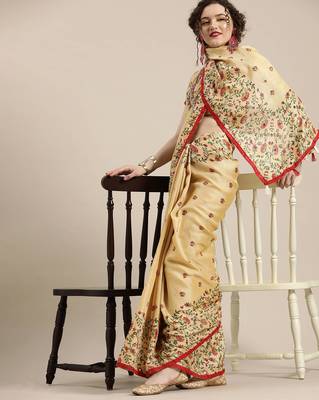 Sareemall Cream Casual Jute Silk Printed Saree With Unstitched Blouse 3