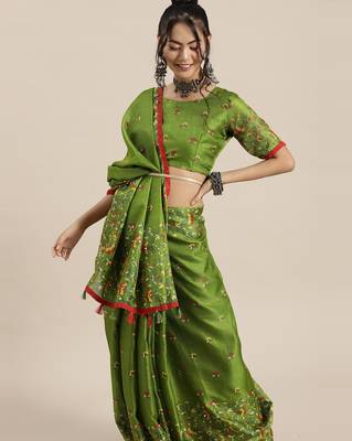 Sareemall Parrot Green Casual Jute Silk Printed Saree With Unstitched Blouse 1