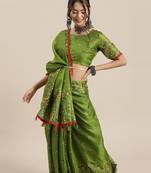 Sareemall Parrot Green Casual Jute Silk Printed Saree With Unstitched Blouse