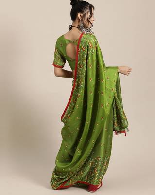 Sareemall Parrot Green Casual Jute Silk Printed Saree With Unstitched Blouse 2