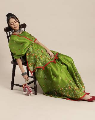 Sareemall Parrot Green Casual Jute Silk Printed Saree With Unstitched Blouse 3