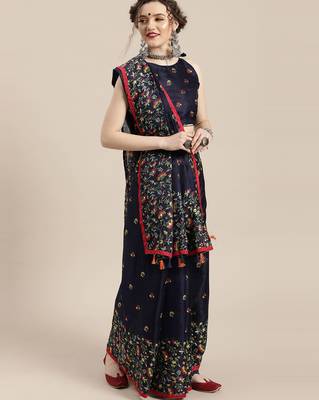 Sareemall Teal Blue Casual Jute Silk Printed Saree With Unstitched Blouse 1
