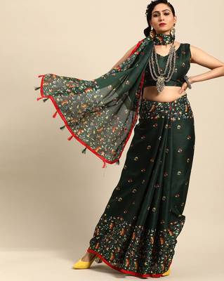 Sareemall Green Casual Jute Silk Printed Saree With Unstitched Blouse 1