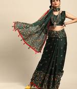 Sareemall Green Casual Jute Silk Printed Saree With Unstitched Blouse