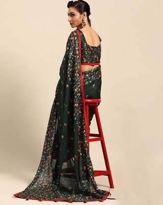 Sareemall Green Casual Jute Silk Printed Saree With Unstitched Blouse 2