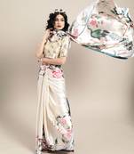Sareemall Cream Casual Japan Satin Printed Saree With Unstitched Blouse