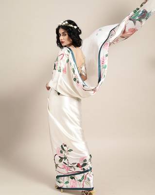 Sareemall Cream Casual Japan Satin Printed Saree With Unstitched Blouse 2