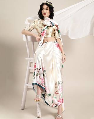 Sareemall Cream Casual Japan Satin Printed Saree With Unstitched Blouse 3