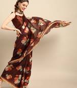 Sareemall Brown Casual Organza Printed Saree With Unstitched Blouse
