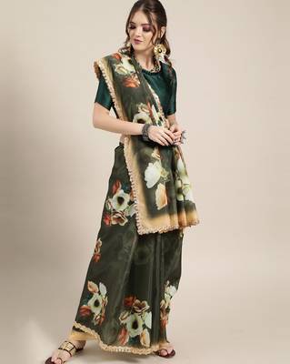 Sareemall Bottle Green Casual Organza Printed Saree With Unstitched Blouse 1