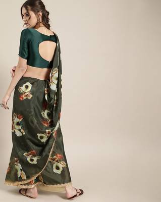 Sareemall Bottle Green Casual Organza Printed Saree With Unstitched Blouse 2