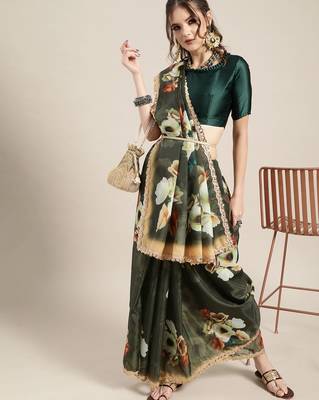 Sareemall Bottle Green Casual Organza Printed Saree With Unstitched Blouse 3