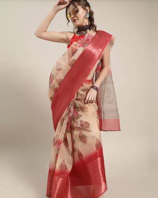 Sareemall Beige And Red Casual Organza Printed Saree With Unstitched Blouse 1