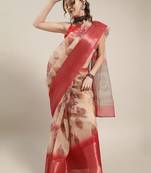 Sareemall Beige And Red Casual Organza Printed Saree With Unstitched Blouse