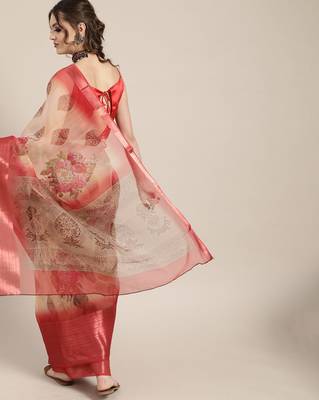 Sareemall Beige And Red Casual Organza Printed Saree With Unstitched Blouse 2