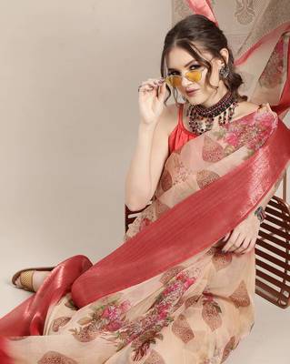 Sareemall Beige And Red Casual Organza Printed Saree With Unstitched Blouse 3
