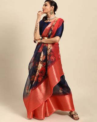 Sareemall Navy Blue Casual Organza Printed Saree With Unstitched Blouse 1