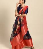 Sareemall Navy Blue Casual Organza Printed Saree With Unstitched Blouse