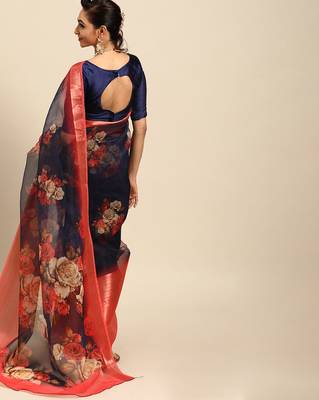 Sareemall Navy Blue Casual Organza Printed Saree With Unstitched Blouse 2