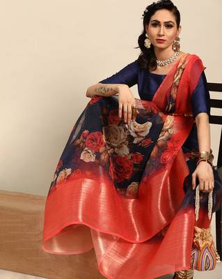 Sareemall Navy Blue Casual Organza Printed Saree With Unstitched Blouse 3
