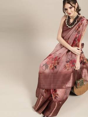 Sareemall Nude And Brown Casual Organza Printed Saree With Unstitched Blouse 1