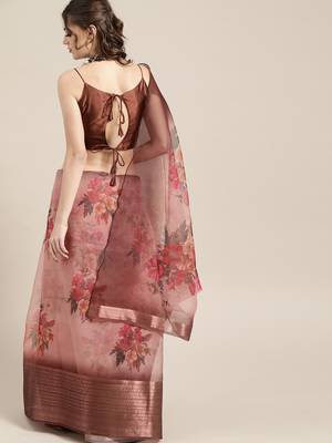 Sareemall Nude And Brown Casual Organza Printed Saree With Unstitched Blouse 2