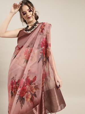 Sareemall Nude And Brown Casual Organza Printed Saree With Unstitched Blouse 3