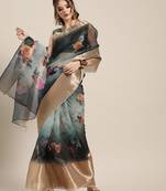 Sareemall Sea Green And Teal Green Casual Organza Printed Saree With Unstitched Blouse