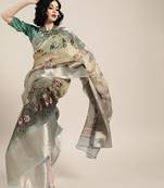 Sareemall Mustard And Green Casual Organza Printed Saree With Unstitched Blouse