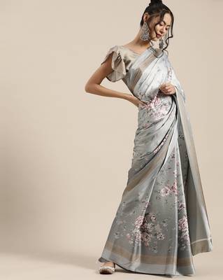 Sareemall Grey Casual Satin Crepe Printed Saree With Unstitched Blouse 1